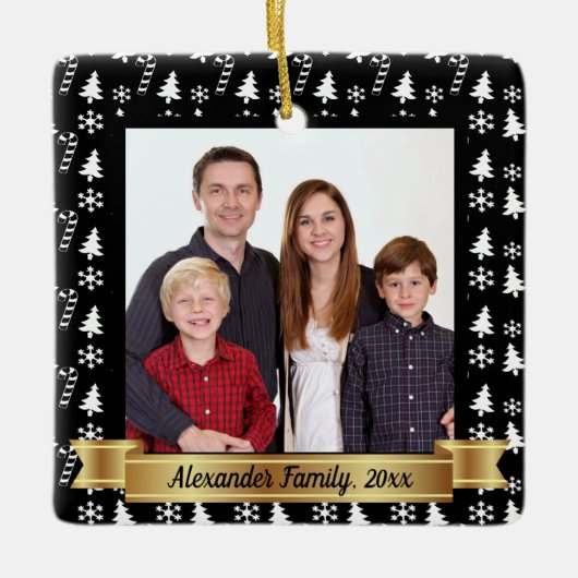 白黒ホリデーパターン写真 セラミックオーナメント (正面)