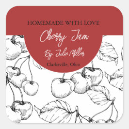 白黒ホームメイドさくらんぼジャムラベル スクエアシール