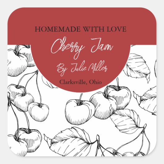 白黒ホームメイドさくらんぼジャムラベル スクエアシール (正面)