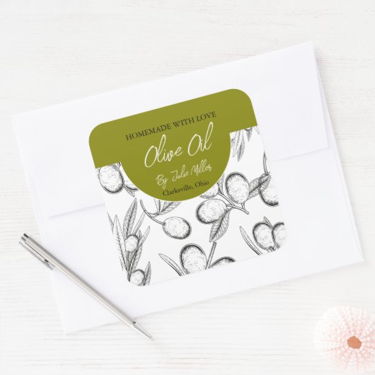 白黒ホームメイドオリーブ油ラベル スクエアシール (封筒)