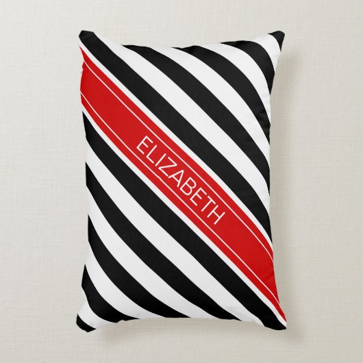 白黒ホー名門私立校風のズストライプレッドネームモノグラム アクセントクッション (正面(垂直))