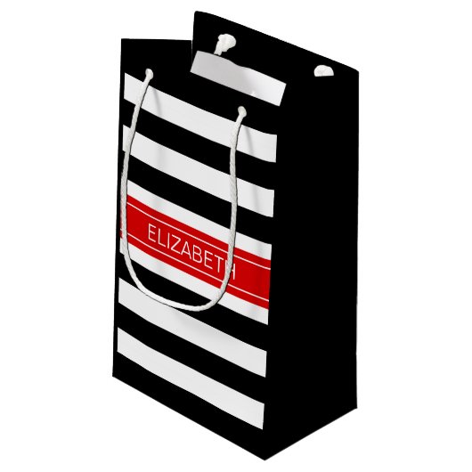 白黒ホー名門私立校風のズストライプレッドネームモノグラム スモールペーパーバッグ (裏面アングル)