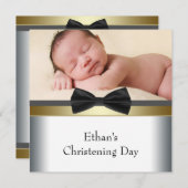 白黒ボウタイ男の赤ちゃんフォト《キリスト教》洗礼式や命名式 招待状 (正面/裏面)