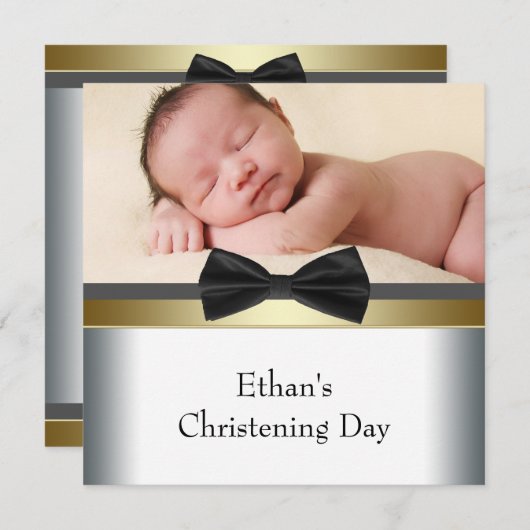 白黒ボウタイ男の赤ちゃんフォト《キリスト教》洗礼式や命名式 招待状 (正面/裏面)