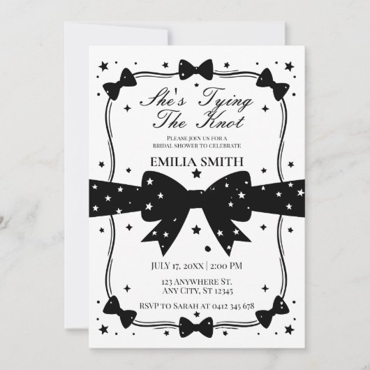 白黒ボウ彼女は結び目ブライダルシャワー 招待状 (正面)