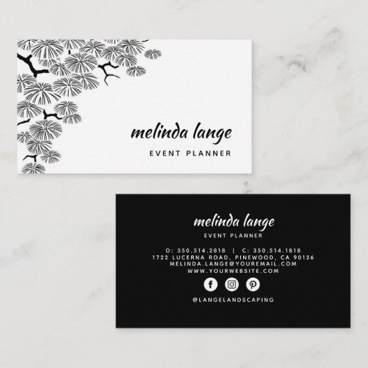 白黒ボタエレガントニックパインブランチ 名刺 (正面/裏面)