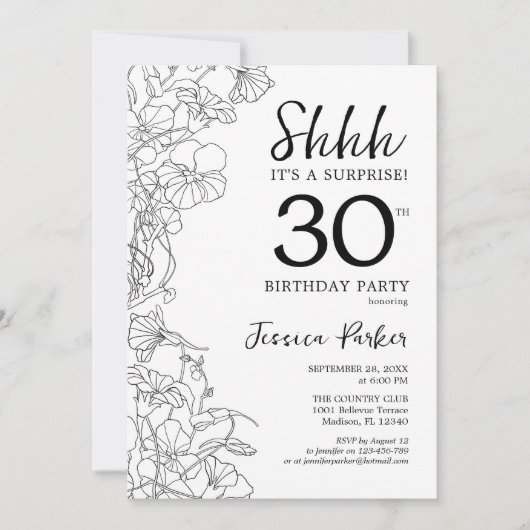 白黒ボタニカルサプライズ30歳の誕生日 招待状 (正面)
