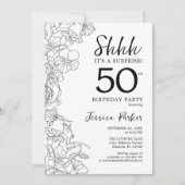 白黒ボタニカルサプライズ50誕生日 招待状 (正面)