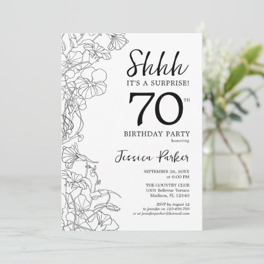 白黒ボタニカルサプライズ70誕生日 招待状 (スタンド正面)