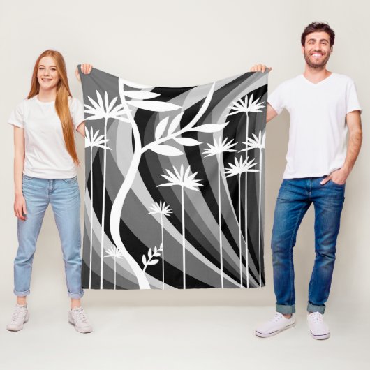 白黒ボタニカルデザイン フリースブランケット (インサイチュ)