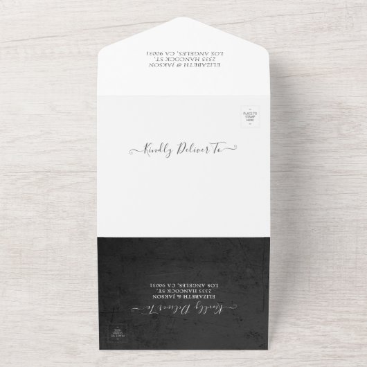 白黒ボタニカルフローラフレームウェディングRSVP オールインワン招待状 (外側)