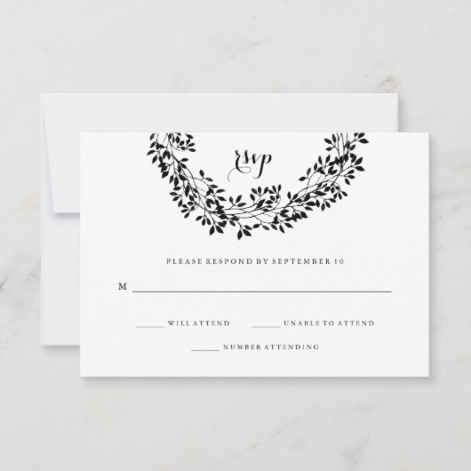 白黒ボタニカル素朴リースRSVP 出欠カード (正面)