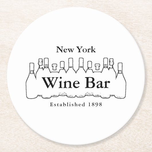 白黒ボトル、ワインバー/ワイナリー ラウンドペーパーコースター (正面)
