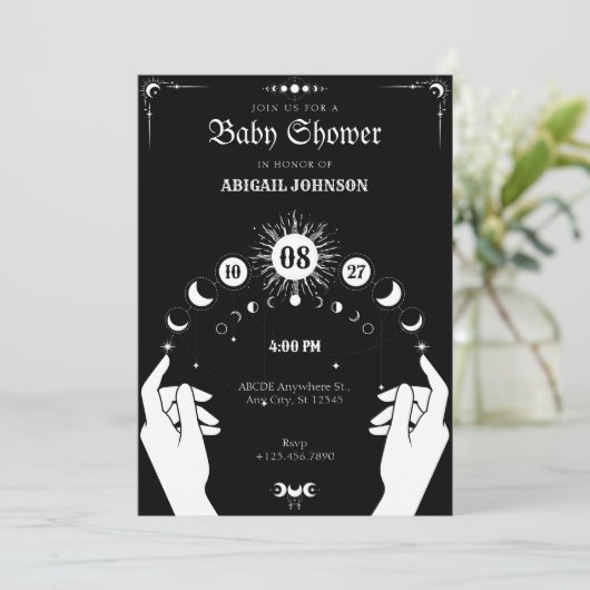 白黒ボホムーン神秘的な手の赤ちゃんシャワー 招待状 (スタンド正面)