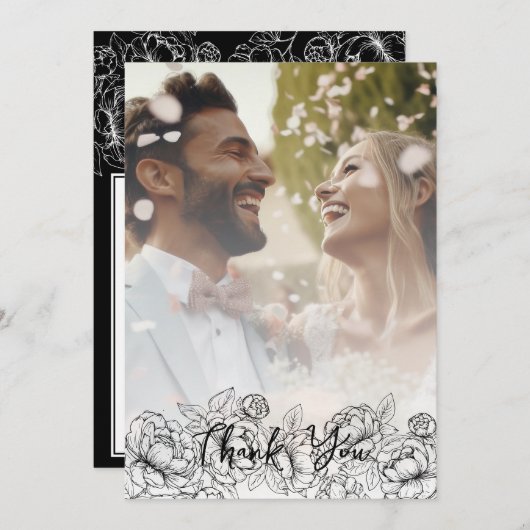 白黒ボホモダンフローラエレガント写真 サンキューカード (正面/裏面)