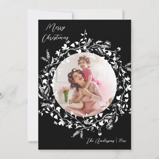白黒ボホワイルドフラワーエレガントのクリスマス シーズンカード (正面)