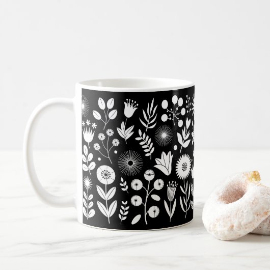 白黒ボホワイルドフラワー コーヒーマグカップ (ドーナツ)