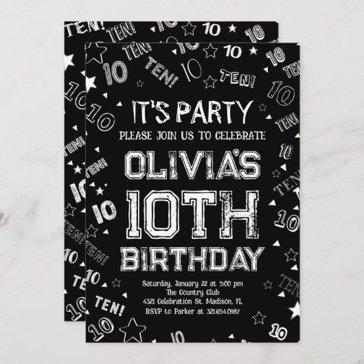 白黒ボーイナンバーテンバースデーパーティー 招待状 (正面/裏面)