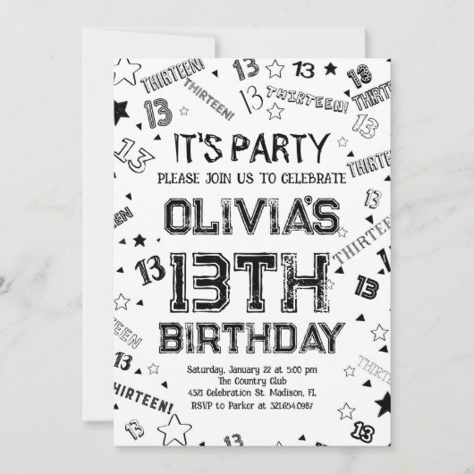白黒ボーイナンバー13歳バースデーパーティー 招待状 (正面)
