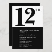 白黒ボーイ12歳の誕生日の招待シンプル 招待状 (正面/裏面)