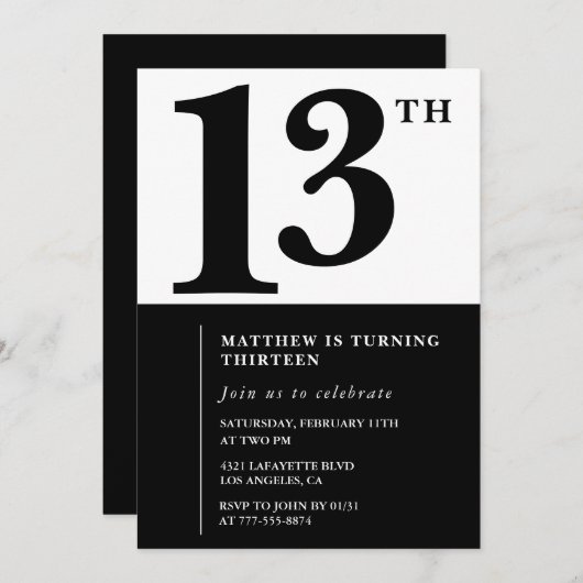 白黒ボーイ13歳の誕生日の招待シンプル 招待状 (正面/裏面)