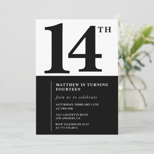 白黒ボーイ14歳の誕生日の招待シンプル 招待状 (スタンド正面)