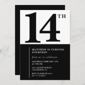 白黒ボーイ14歳の誕生日の招待シンプル 招待状 (正面/裏面)