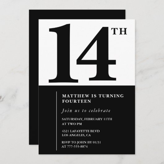 白黒ボーイ14歳の誕生日の招待シンプル 招待状 (正面/裏面)