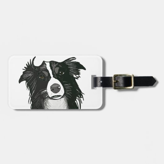 白黒ボーダーコリーの荷物のラベル ラゲッジタグ (正面横)