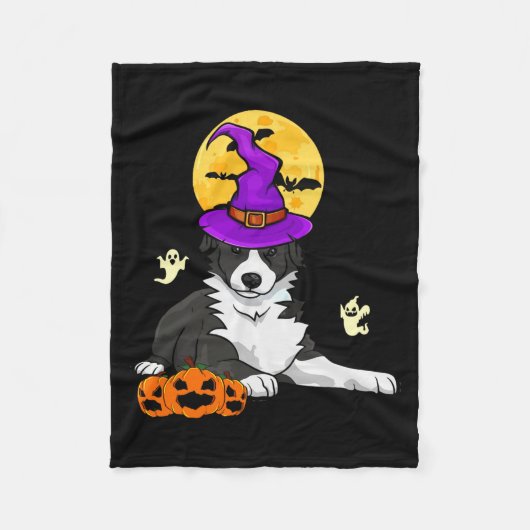 白黒ボーダーコリーの魔女 ハロウィン フリースブランケット (正面)