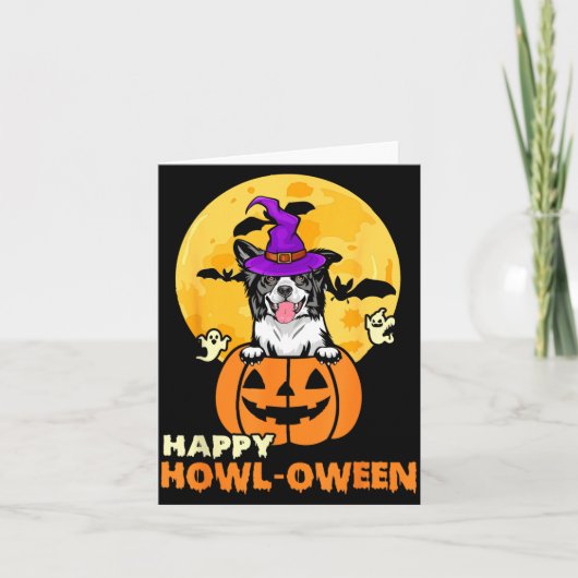 白黒ボーダーコリー魔女犬ハロウィン カード (正面)