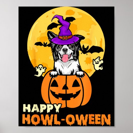 白黒ボーダーコリー魔女犬ハロウィン ポスター (正面)