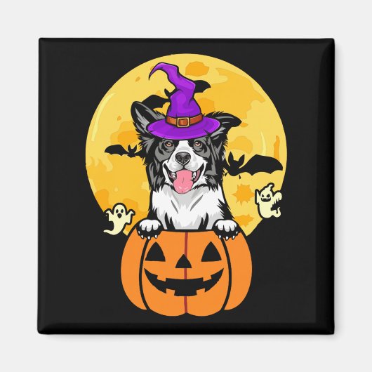 白黒ボーダーコリー魔女犬ハロウィン マグネット (正面)