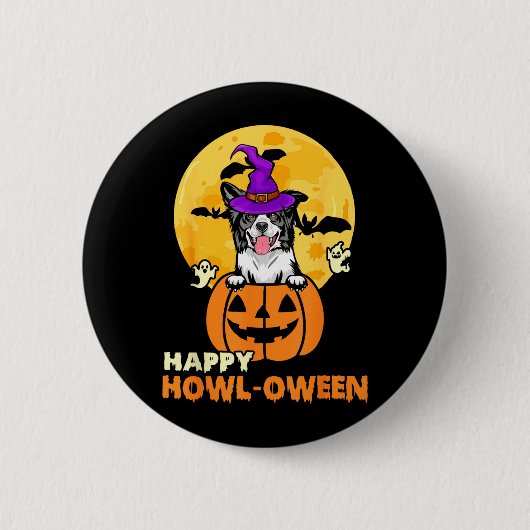 白黒ボーダーコリー魔女犬ハロウィン 缶バッジ (正面)