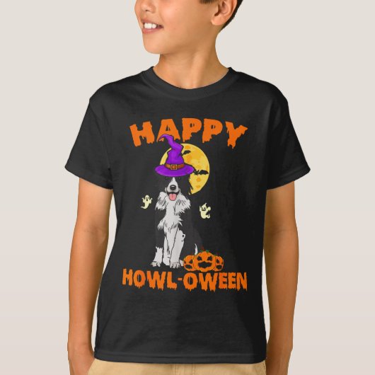 白黒ボーダーコリー魔法使いハッピー Tシャツ (正面)