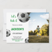 白黒ボールグリーン文字サッカー写真 招待状 (正面)
