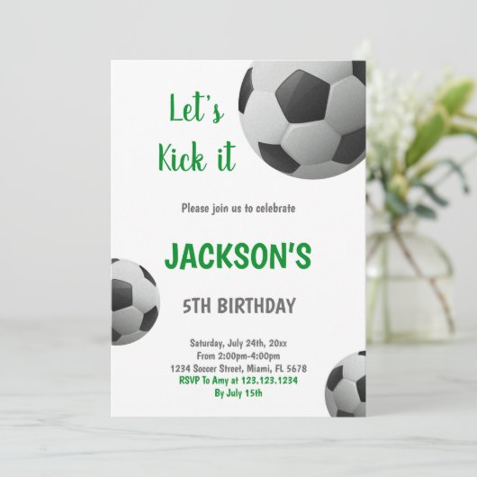 白黒ボールグリーン文字サッカー招待状 招待状 (スタンド正面)
