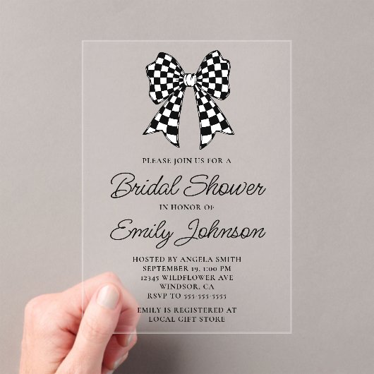 白黒ボー市松模様にブライダルシャワー アクリル招待状 (インサイチュ (ポータブル))