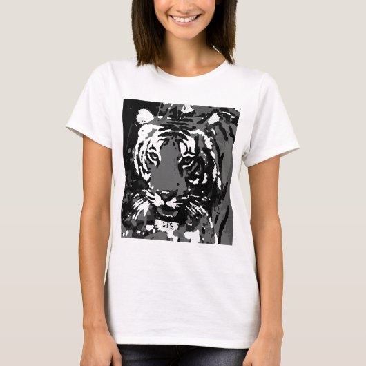 白黒ポップ・アートのアートタイガー Tシャツ (正面)
