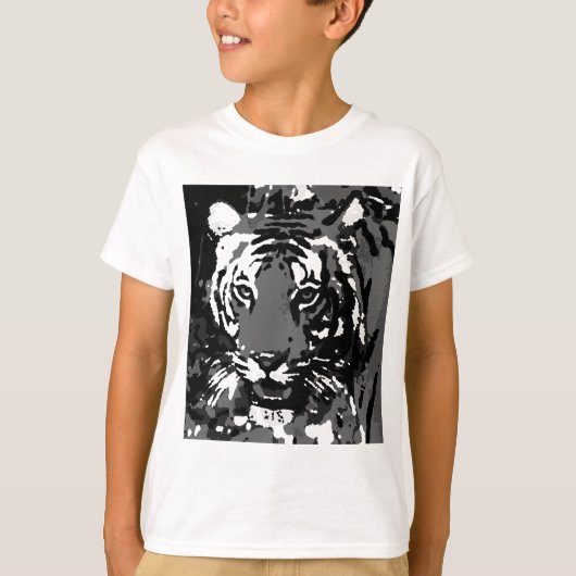 白黒ポップ・アートのアートタイガー Tシャツ (正面)