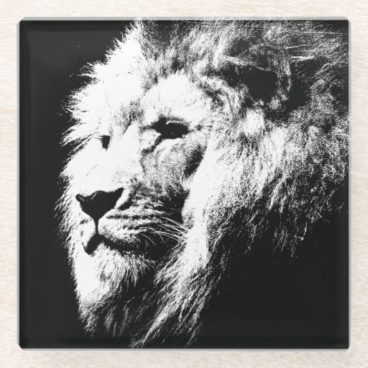 白黒ポップ・アートのアートライオンヘッドモダントレンディー ガラスコースター (正面)