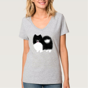 白黒ポメラニア犬の漫画犬 Tシャツ