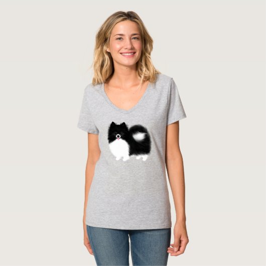 白黒ポメラニア犬漫画犬 Tシャツ (正面フル)