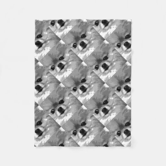白黒ポメラニア犬 フリースブランケット (正面)