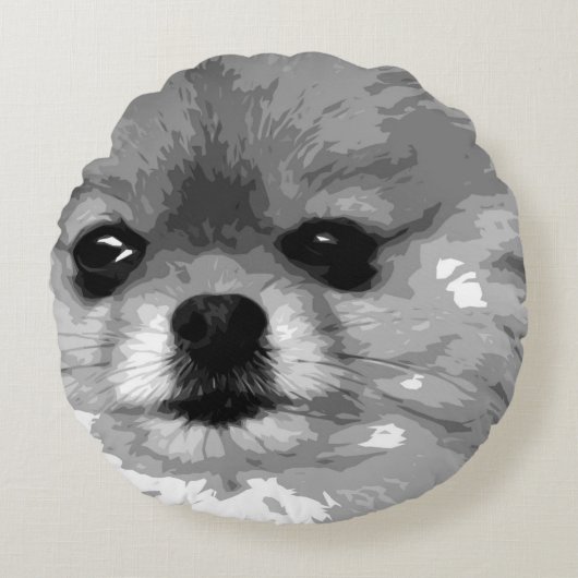 白黒ポメラニア犬 ラウンドクッション (正面)