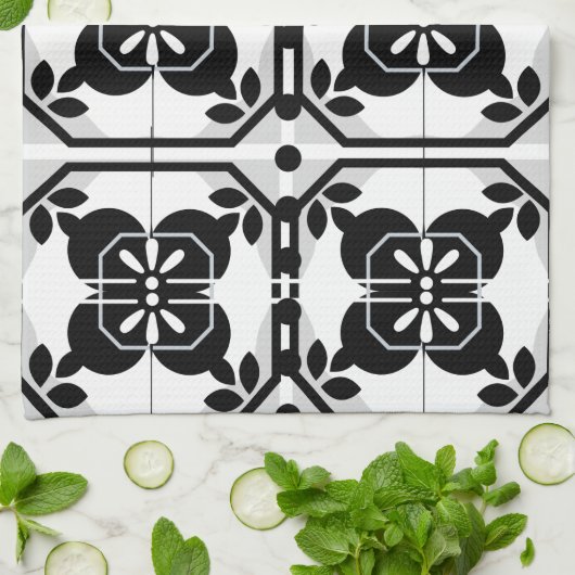 白黒ポルトガルのタイルファームハウスデザイン キッチンタオル (折り畳み)
