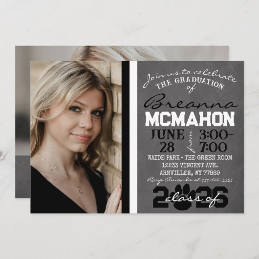 白黒ポープリント卒業2写真 招待状 (正面/裏面)