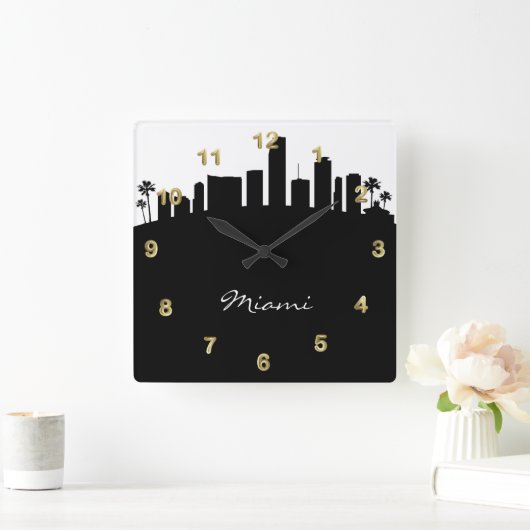 白黒マイアミスカイライン スクエア壁時計 (ホーム)