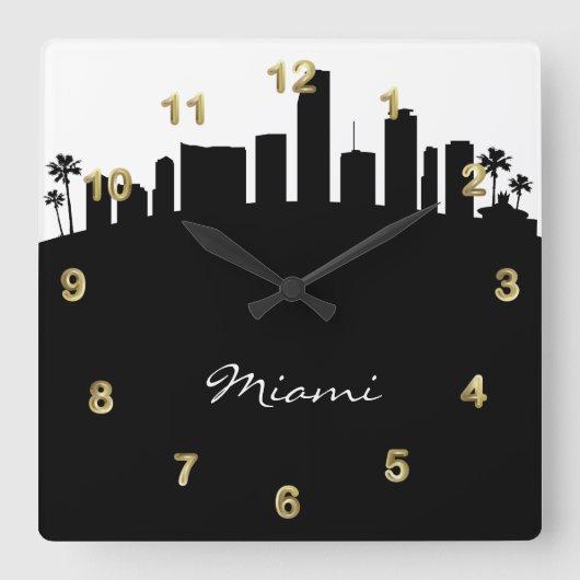 白黒マイアミスカイライン スクエア壁時計 (正面)