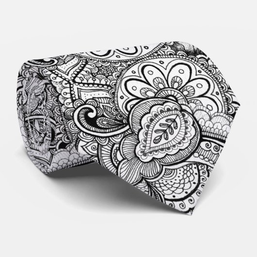 白黒マクシマリストフローラ芸術的曼荼羅 ネクタイ (ロール)